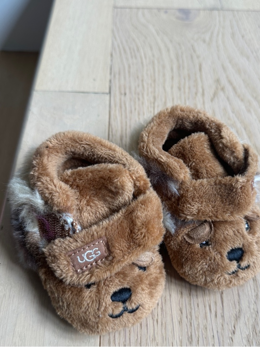 UGG Kids Tan Plush Bear Slippers with Velcro Strap